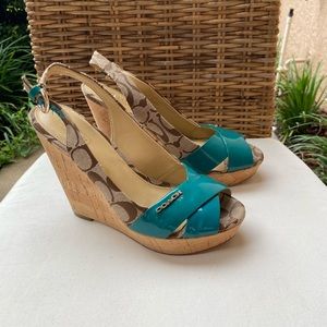 COACH Teal Patent Leather Wedges Size 7.5